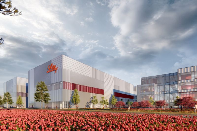 Artist impression van de geplande Eli Lilly-fabriek in Katwijk